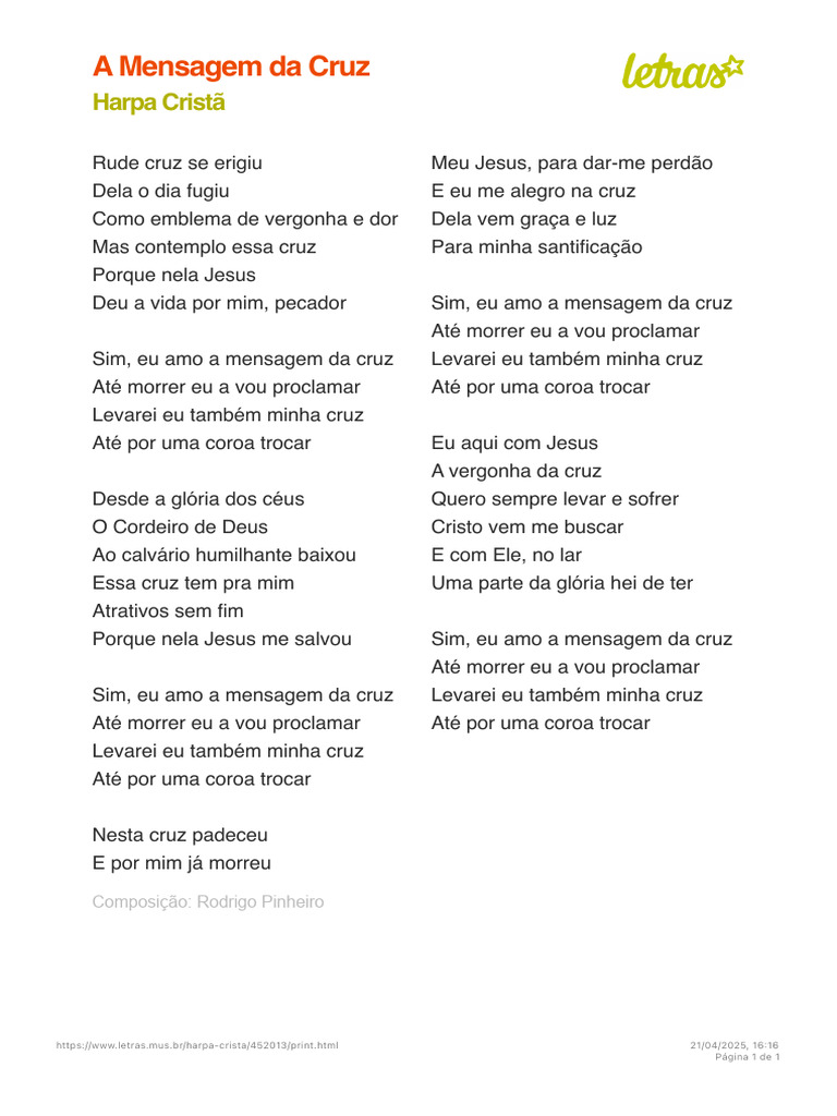 letra da música a mensagem da cruz cassiane