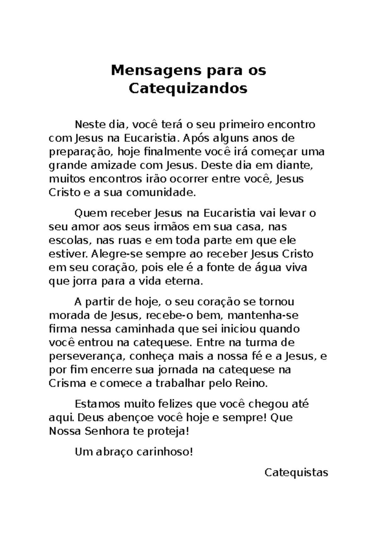 mensagem primeira eucaristia catequista
